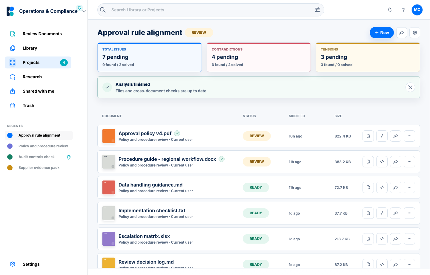 KlarBond project view showing pending issue counts and reviewed documents.